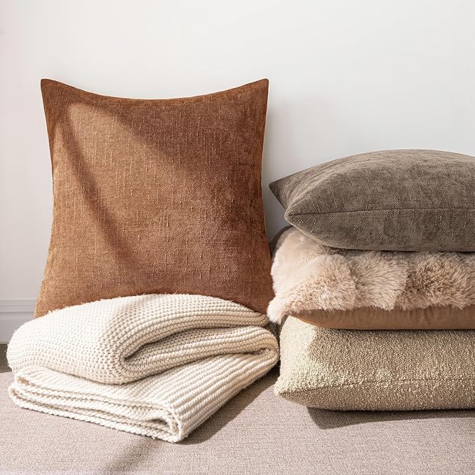 MIULEE 26x26 Inch Euro Textured Chenille Throw Pillow Covers Pecan Brown | Pack of 2 Decorative Soft Throw Pillows,Solid Textured Cushion Covers,Modern Home Decor for Bed Couch Sofa Bedroom Livingroom