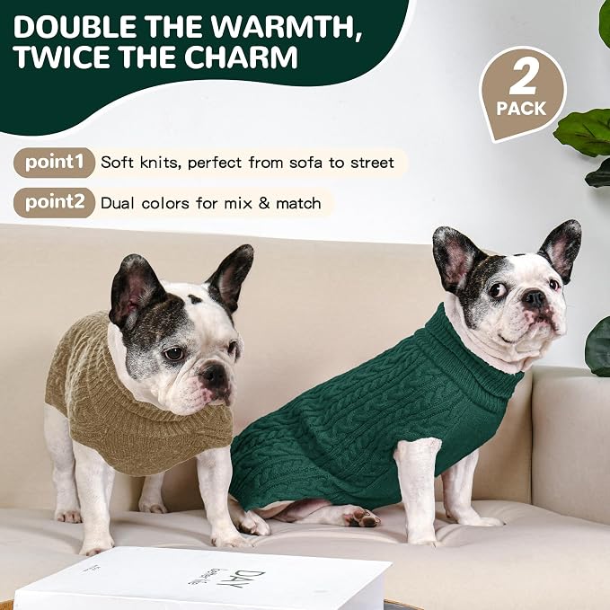 Dog Sweater 2 Pack for Medium Dogs, Green & Brown, Size L | Stretchy cable knit turtleneck, machine washable, high belly cut, comfy winter fit for French Bulldog