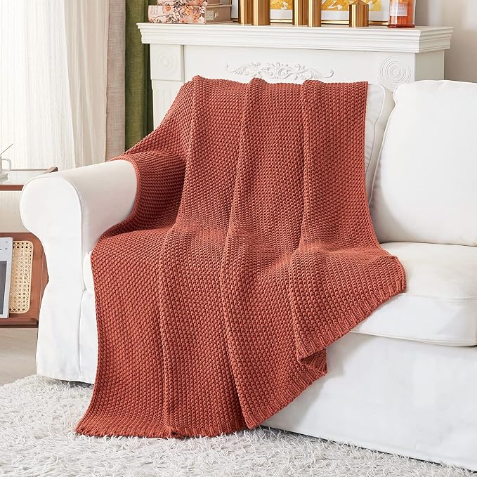 Chunky Cable Knit Throw Blanket Lightweight Rust 100% Organic Cotton Blanket for Sofa Couch Bed Baby Nursery, Rustic Shabby Chic Modern Farmhouse, 51” x 63” Give Laundering Bag