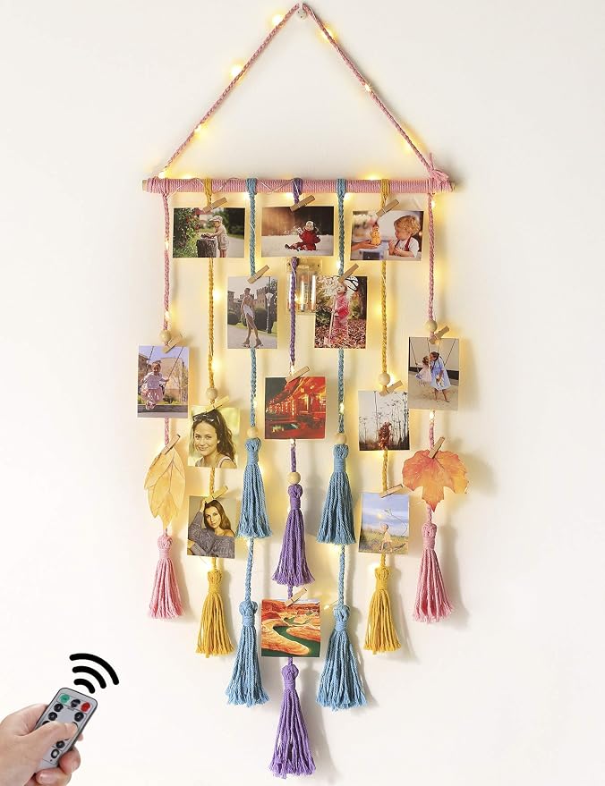 Room Decor for Teen Girls, Hanging Photo Display Macrame Picture Collage Wall Decor, Boho Decor for Bedroom Apartment Dorm Room with Remote Light, Christmas Birthday Gifts for Teenage Girls