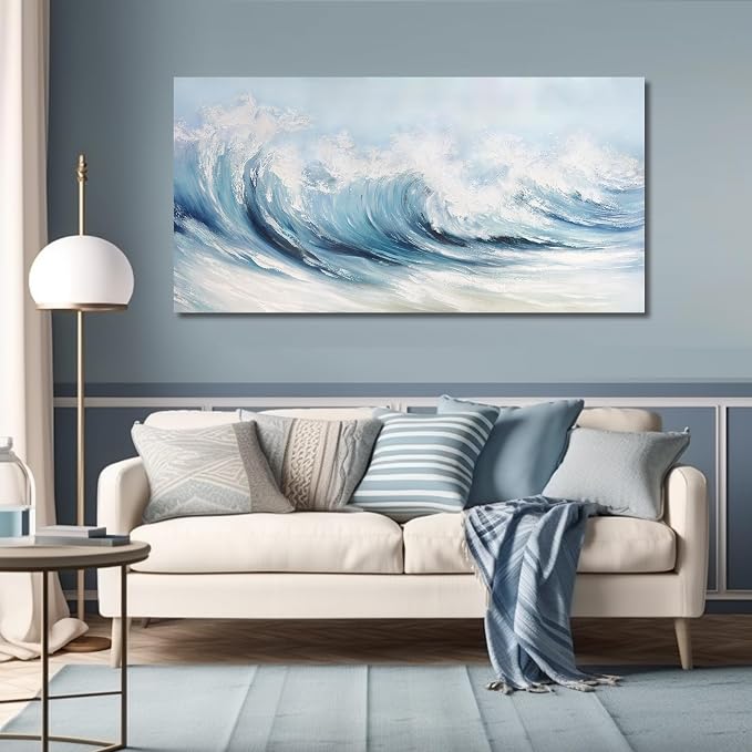 Belmrxne Coastal Wall Art Blue and White Wall Decor Ocean Canvas Painting Wave Textured Artwork Modern Aesthetic Wall Painting for Living Room Bedroom Office 29x58 Inches