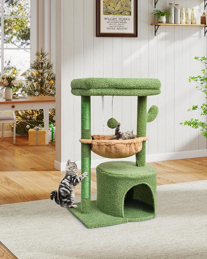 SYANDLVY Cactus Cat Tree for Indoor Cats, Green Activity Tower for Kittens | Modern Cat Furniture with Scratching Post, Basket & Hanging Ball for Play Rest