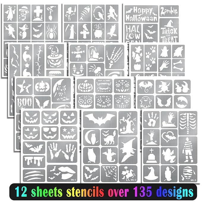 Temporary Tattoo Markers, 12 Metallic Markers and 135 Halloween Tattoo Stencil Designs, Cosmetic Tattoos Pens for Halloween Party Faovr