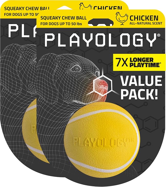 Playology Squeaky Chew Ball Dog Toy - Medium, Chicken Scent, 2-Pack