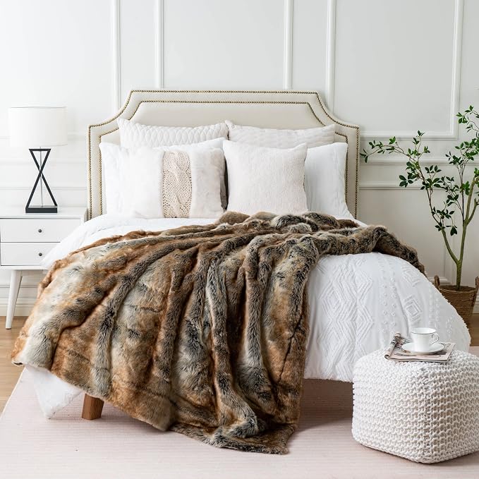 BATTILO Large Brown Faux Fur Throw Blanket for Bed, 60"x80", Shaggy | Super Thick Warm Elegant Cozy Plush Furry Fuzzy Fluffy Faux Fur Blankets for Couch, Sofa, Living Room, Home Decor