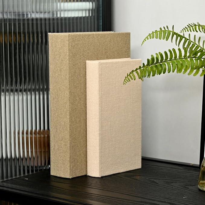DECOR4SEASON Decorative Faux Book Storage Boxes Set of 2, Linen Fabric Textured Books, Neutral Cream & Grey, Modern Minimalist Home Decor, Bookshelf Accents for Coffee Table