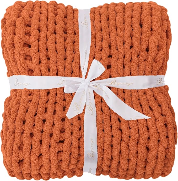 Bigacogo Chunky Knit Throw Blanket for Couch, 51x63 inches, Terracotta | Hand Knit with Jumbo Chenille, Soft Breathable Cable Knit for Sofa Bed Living Room, Machine Washable, Gift for Mom Friend