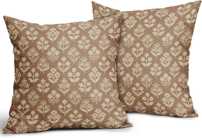 Brown Floral Block Print Pillow Covers 20x20 Inch Set of 2, Vintage Flower Pattern Decorative Throw Pillowcases Outdoor Farmhouse Cushion Covers Spring Summer Rustic Sofa Couch Bed Decor