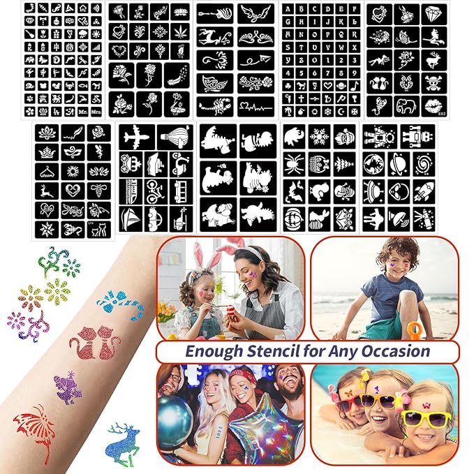 Temporary Glitter Tattoos Kids,32 Glitter Colors and 6 Fluorescent Colors,209 Stencils,2 diamond stickers,3 Glue,5 Brushes,Adults and Kids Arts Glitter Kit,Wonderful Holiday Gifts for Girls & Boys.