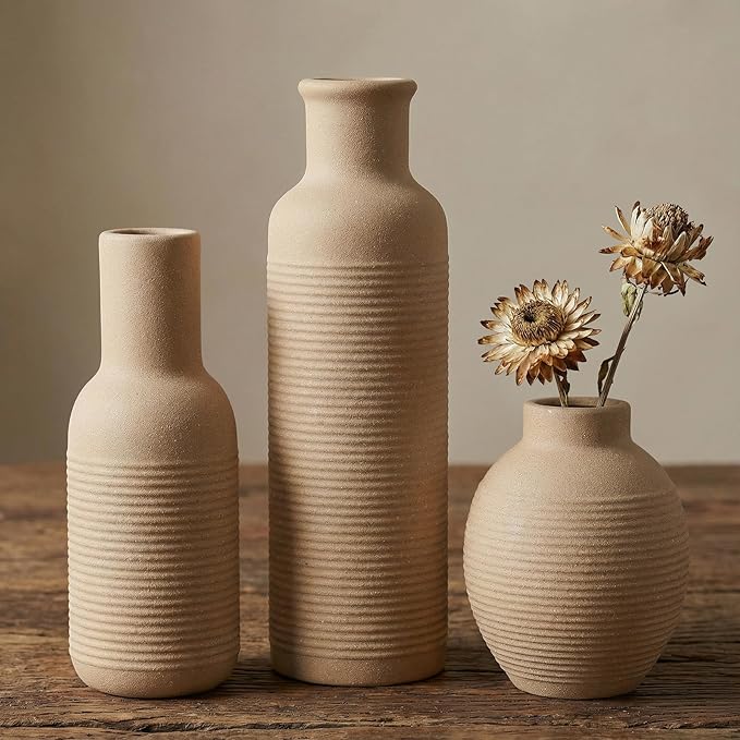 Rustic Farmhouse Vase Set of 3 - Ceramic Decorative Vintage Vases Home Decor - Pampas Grass Dried Fresh Flowers - for Centerpiece, Coffee Table, Mantel Entryway, Living Room, Bedroom (Retro 2)