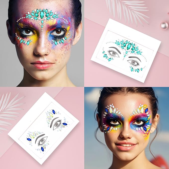 SAOROPEB Face Gems - 6 Sets Mermaid Face Jewels Temporary Tattoo Stickers Acrylic Crystal Glitter Stickers Waterproof Eye Gems Stick On Rainbow Tears Rhinestone for Party, Rave Festival