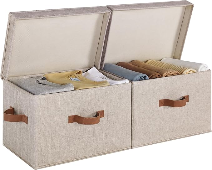 StorageWorks Fabric Storage Bins with Lids, Large Closet Storage Bins | Flip-Top Lid, 3 Handles, Collapsible, Stackable, for Clothes Blankets, Multi-Purpose, Large, Brown and Beige, 2-Pack