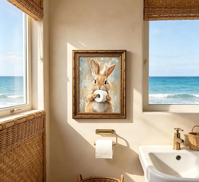 Vintage Gold Framed Bunny Easter Bathroom Wall Art Funny Rabbit and Toilet Paper Painting Canvas Prints Country Animal Picture Wall Decor Rustic Farmhouse Poster Artwork for Restroom Toilet Washroom