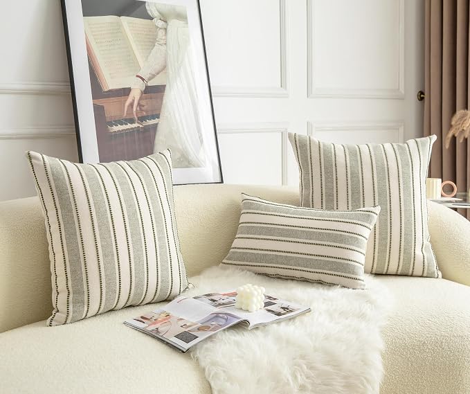 Cethom Decorative Boho Throw Pillow Covers, Farmhouse Textured Pillow Case, 18 x 18 Inch Set of 2, Chair Sofa Bedroom Living Room Home Decor Couch Cushion Case, Olive Green and Beige Striped