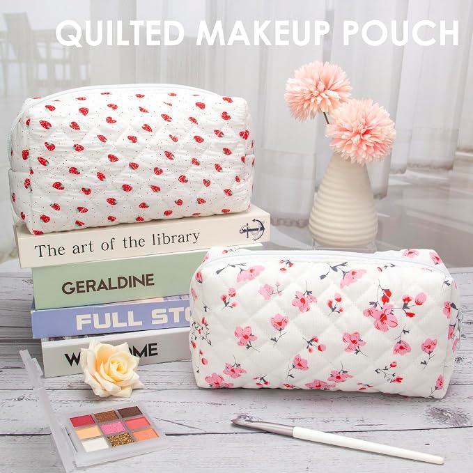 PAZIMIIK Small Quilted Makeup Bag,Zipper Cosmetic Pouch,Myrtle Pink | Lightweight Cosmetic Bag Organizer for Women,Purse Storage Holds Makeup,Toiletries,Skincare,Beauty Essentials,Travel Items