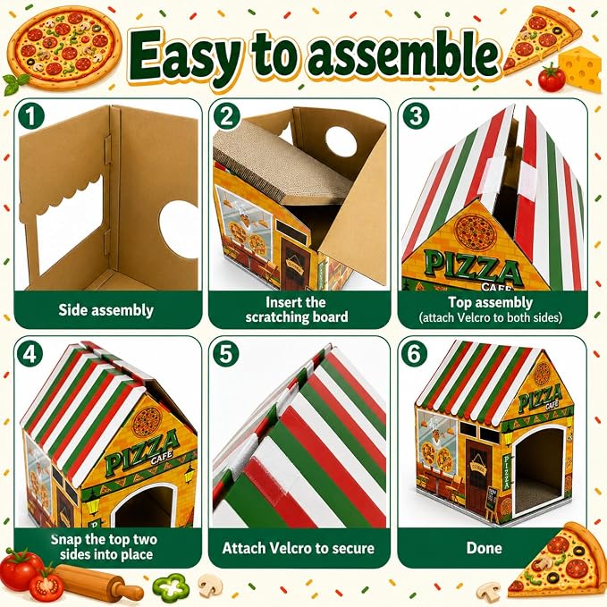 Cinrobiye Cardboard Cat House with Scratcher, Indoor Cat Condo Cat Cave Hideout with Scratch Pad, Cardboard Cat Playhouse Bed for Cats, Kittens, Rabbits & Small Pets (Pizza)