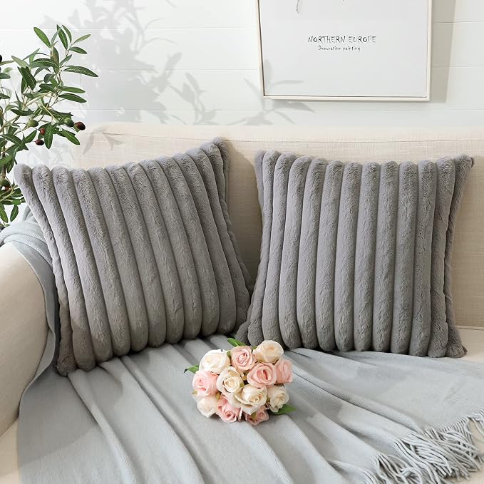 Soleebee Set of 2 Throw Pillow Covers Soft Cozy Velvet Pillowcase Faux Rabbit Fur Cover for Couch Sofa Bed Chair Home Decorative Pillows Cover (18x18 Inch, Smoky Gray)