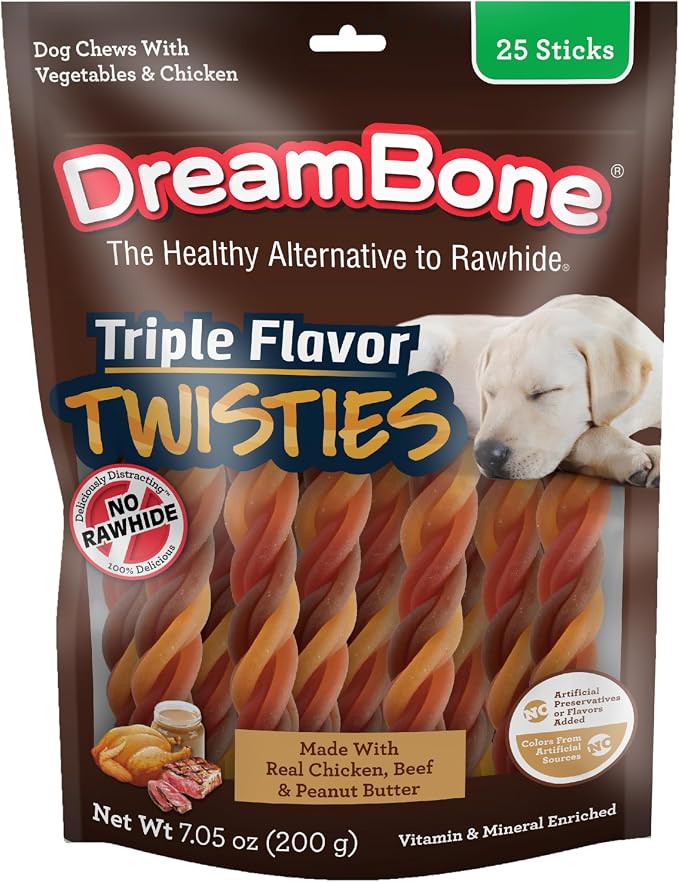 DreamBone Peanut Butter Twisties Rawhide-Free Dog Treats, 25 Count | Daily Chew, Digests Safely and Completely, Made With Real Protein, Chicken, Beef, Peanut Butter and Veggies, For Adult Dogs