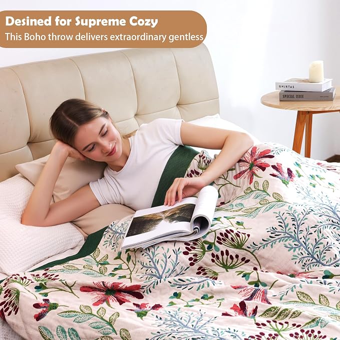 VANJOROY Boho Throw Blanket, 100% Organic Cotton Breathable Ultra Soft 91" x 108" King Bed Quilt Throw - All Season Floral Rustic Farmhouse Decor Luxury Blanket for Sofa Couch Chair and Gift
