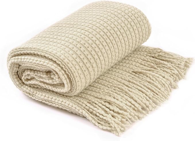 Blagic Knit Throw Blanket for Couch and Bed with Tassels,Off White, 60"x80" | Soft Farmhouse Boho Throw Blanket with Tassels,Decorative for Living Room,Gifts for Adults,All Season Use
