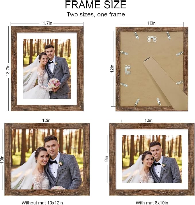 Hongkee 10x12 Picture Frame Set of 4, Made of Real Glass and Rustic Brown Frame - Display Picture 8x10 with Mat or 10x12 Without Mat, 10 by 12 Photo for Wall Mounting