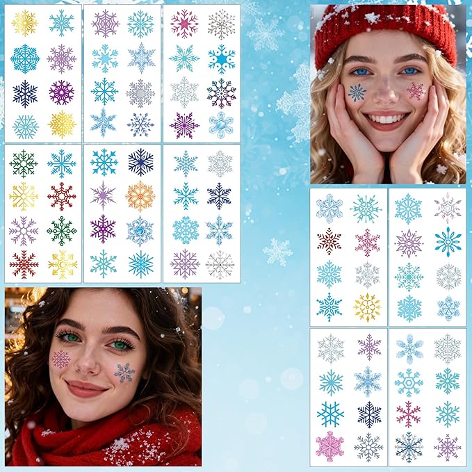 Christmas Temporary Tattoos Winter Snowflake Face Stickers Christmas Snow Tattoos Mixed Styles Glitter Eye Fake Tattoos Cute Waterproof Frozen Stickers for Girls Body Art Makeup 10 Sheets