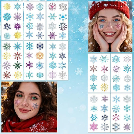 Christmas Temporary Tattoos Winter Snowflake Face Stickers Christmas Snow Tattoos Mixed Styles Glitter Eye Fake Tattoos Cute Waterproof Frozen Stickers for Girls Body Art Makeup 10 Sheets