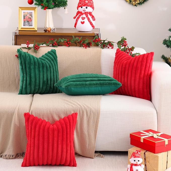Pallene Faux Fur Throw Pillow Covers 12x20 Set of 2, Christmas Green | Luxury Plush Texture, Striped Design, Cozy Soft Touch, Modern Home Accent Decor for Couch, Sofa, Bed, Living Room