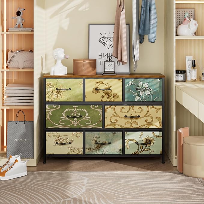 8 Drawer Dresser for Bedroom, Wide Vintage Fabric Chest of Drawers | Vintage Dresser for Closet, Fabric Storage Drawer Units, Retro Floral Dresser for Living Room, Hallway, Entryway, Wooden Top