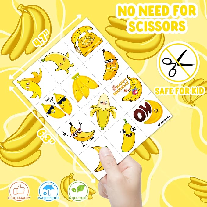 96PCS Banana Pre-Cut Temporary Tattoos for Kids | Super Cute Themed Birthday Party Favors, Supplies, Decorations, Cute Funny Fruit Fake Tattoo Stickers, School Rewards Prizes & Gifts for Boys & Girls