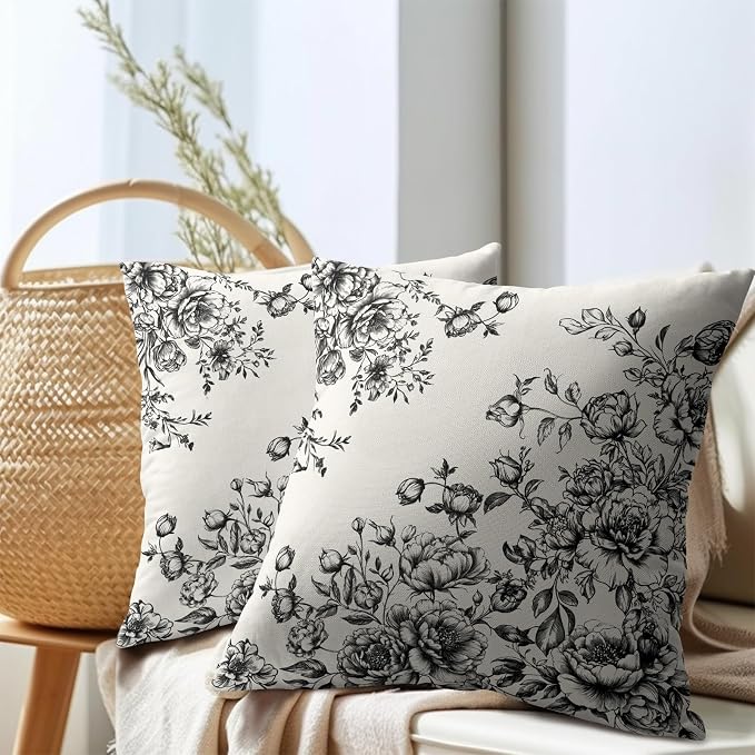 Kawani Vintage Floral Pillow Covers 18x18 Inch Set of 2 Victorian Bouquet Black Flowers Botanical Decorative Pillowcase Cotton Linen Square Cushion Case for Couch Sofa Bedroom Home Decor