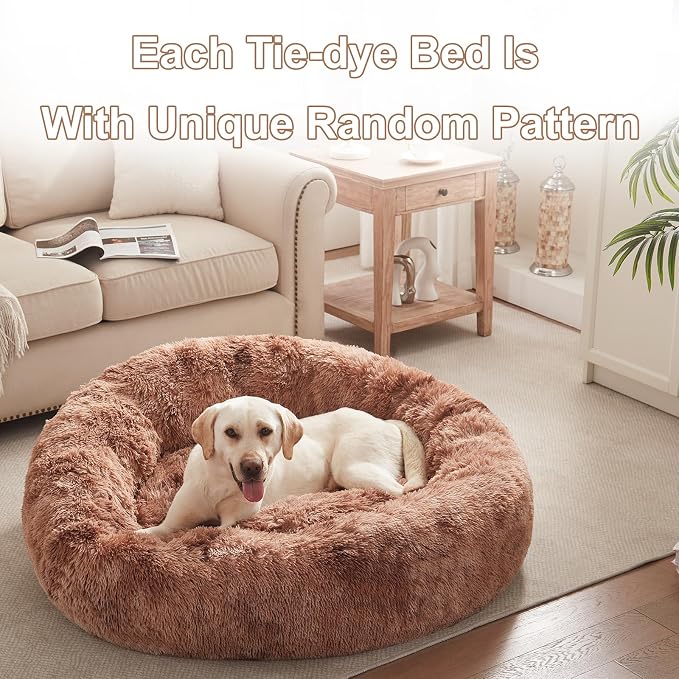 45 in Faux Fur Donut Dog Bed for Extra Large Dogs,Tie-dye Brown | Calming Plush Round Jumbo Fluffy Pet Bed with Removable & Washable Cover,Fits up to 120 lbs Pets
