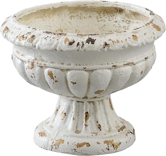 SOFE Vintage Large Pedestal Vase, 11 Inches Tall, Handmade Shabby Chic | Front Porch Garden Planters, White Resin Compote Flower Pot, French Country Home Decor, Landscaping Container Accent