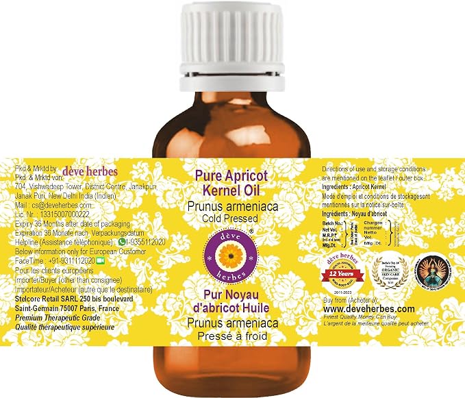 dève herbes Apricot Kernel Oil (Prunus armeniaca) | Cold Pressed | Pure | Natural | Undiluted | For Diluting Essential oils | For Skin & Massage | Non-Sticky | Lightweight | Men & Women | 30ml (1 oz)