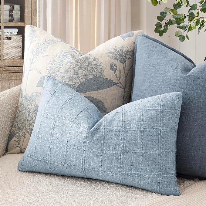 Foindtower Set of 2 Decorative Linen Check Throw Pillow Covers Neutral Farmhouse Lumbar Cushion Covers Modern Boho Accent Home Decor for Sofa Chair Couch Bedroom Living Room,12×20 Inch,Sky Blue