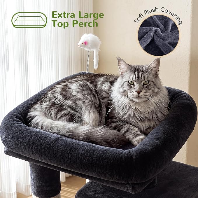 Globlazer Cat Tree Tower for Indoor Cats, 50-inch Adult Cat Tree House for Large Adult Cats with Steps, Scratching Post, 2 Cat Caves, Dangling Toys, FC50, Dark Grey