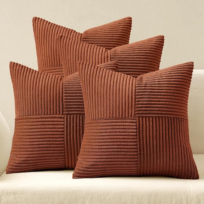 MIULEE Fall Boho Farmhouse Rust Decorative Throw Pillow Covers 18x18 Inch 4 Packs Soft Vintage Pillow Cases Modern Corduroy Patchwork Cushion Covers for Couch Sofa Bed Home Decor, Terracotta
