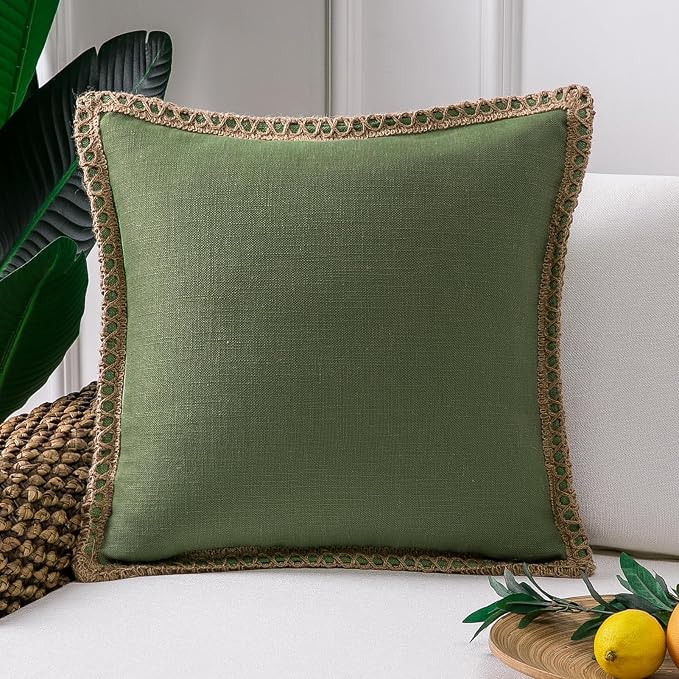 Phantoscope Farmhouse Throw Pillow Covers 20x20 - Outdoor Burlap Linen Decorative Cushion Cases with Jute Trim for Couch, Sofa, Bed, Living Room, Patio, Olive Green