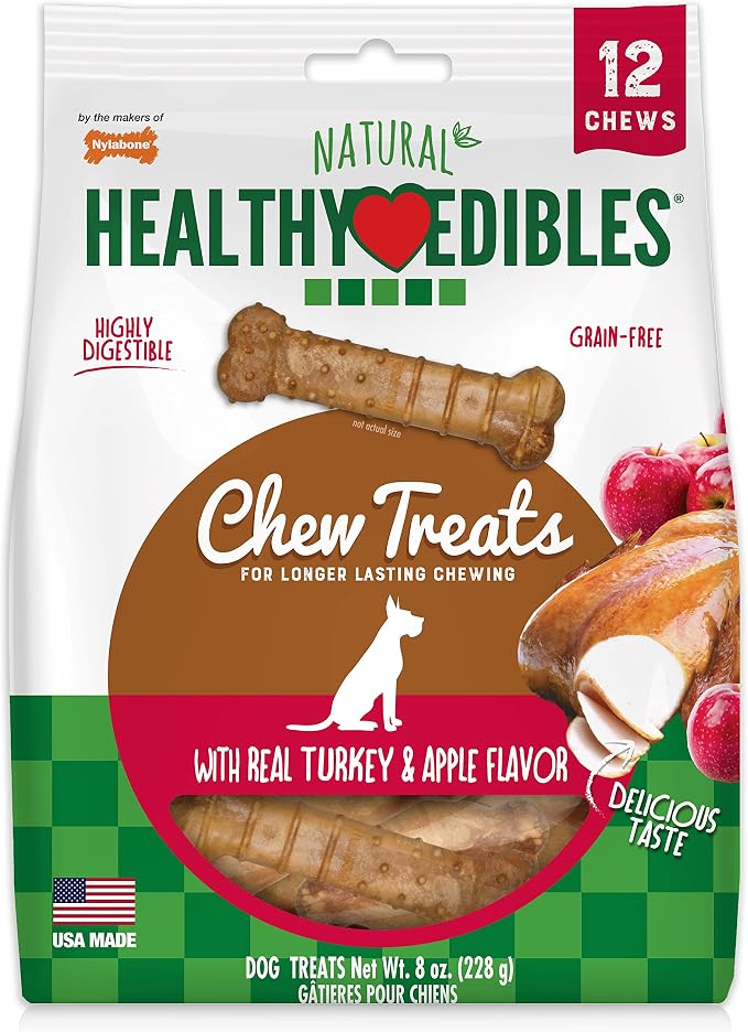 Nylabone Healthy Edibles Dog Treats, Turkey & Apple Flavor, 12 Count | X-small, made with real turkey, USA-made natural dog chews, highly digestible, long lasting chews for small dogs up to 15 lbs