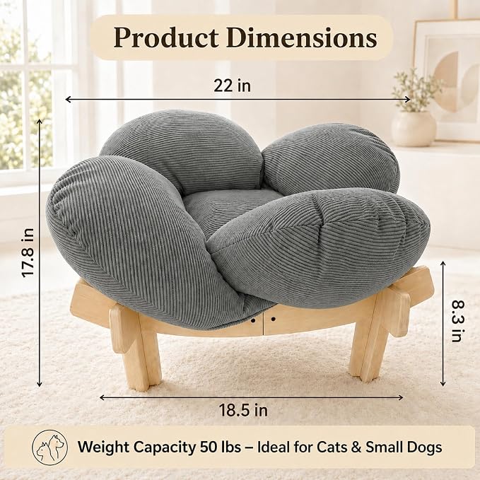 Elevated Cat Bed Wooden Frame, Sofa Furniture with Washable Cushion (Gray) | Soft Beds with Extra Filling prevent flattening, while Stable Wooden Frame with Base Board supports 50 lbs for Kitty & Puppy.