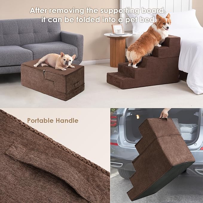EHEYCIGA Dog Stairs for High Bed 25" H, Extra Wide Dog 5-Step, Brown | Pet Steps for Small Dogs and Cats for Bed, Non-Slip Balanced Pet Ramp Indoor