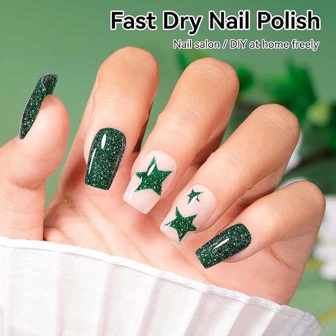 Nail Polish Glitter Green Regular Nail Polish Non-gel, Quick Air Dry, Vegan, Rich in Castor Oil, Streak-free Salon Quality Sparkle Nail Art DIY Home Travel Manicure Gift for Women Girls