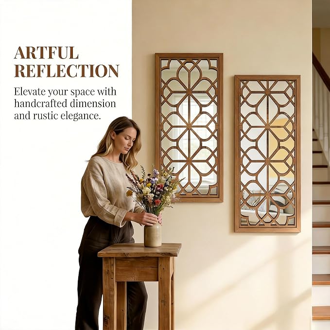 Set of 2 13x30 Inch Large Maroon Shatterproof Carved Floral Wood Frame Wall Mirrors, Boho Farmhouse Rustic Accent Mirrors for Living Room Bedroom Bathroom & Home Decor