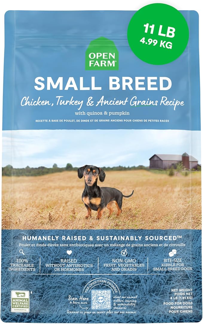 Open Farm Ancient Grains Dry Dog Food, Small Breed Kibble, 11lb Bag | All Life Stages, Small Breed Sizes, Protein-Rich & Nutrient Dense, 100% Traceable Ingredients, Non-GMO Fruits & Veggies.
