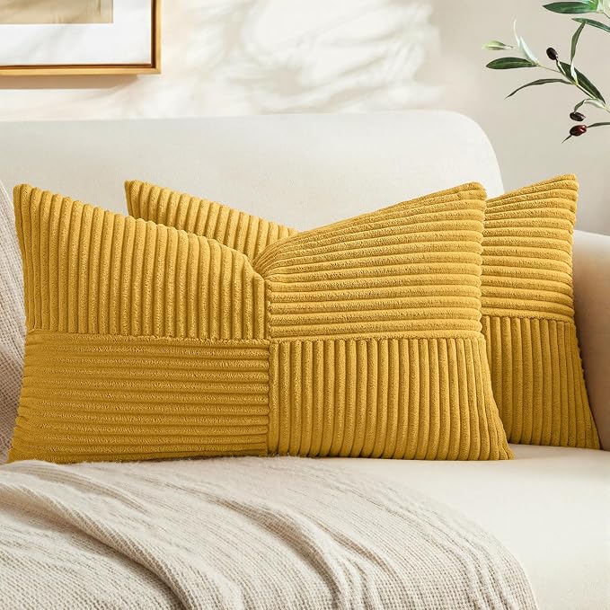 MIULEE Mustard Yellow Decorative Lumbar Throw Pillow Covers 12x20 in 2 Pack | Summer Boho Farmhouse Pillow Covers, Soft Cross Corduroy Patchwork Textured Cushion Cases For Bed Sofa