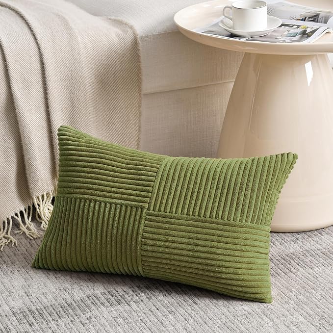 Fancy Homi Moss Green Lumbar Decorative Throw Pillow Covers 26x16 Inch for Living Room Couch Bed, Rustic Farmhouse Boho Home Decor, Soft Striped Corduroy Rectangle Accent Cushion Case 40x65 cm