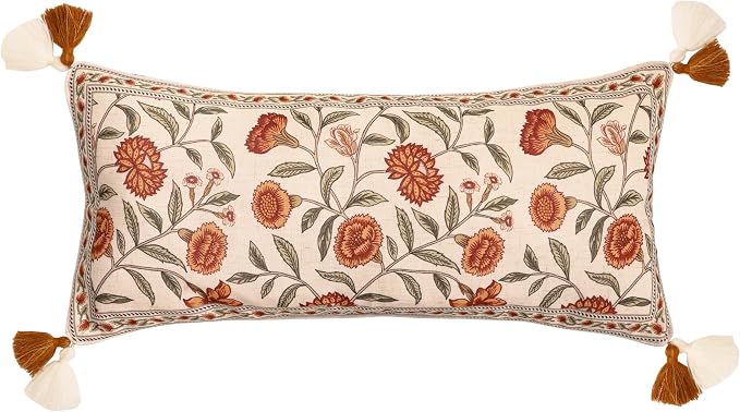 French Elegant Linen Rectangle Throw Pillow Cover,28"x12"-Albano A | Designer Vintage Pillow Cover,Concealed Zipper Design,Orange Floral Pattern,Sofa,Bedroom,Living Room,Lounge Chairs