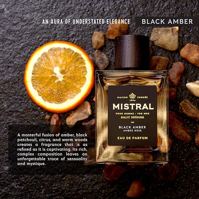 Mistral Men’s Cologne – Black Amber Eau de Parfum | Warm & Woody Masculine Scent with Fresh Lemon, Amber, Cedarwood & Musk | Cruelty-Free & Long-Lasting Perfume for Men, Made in France - 3.4 Oz