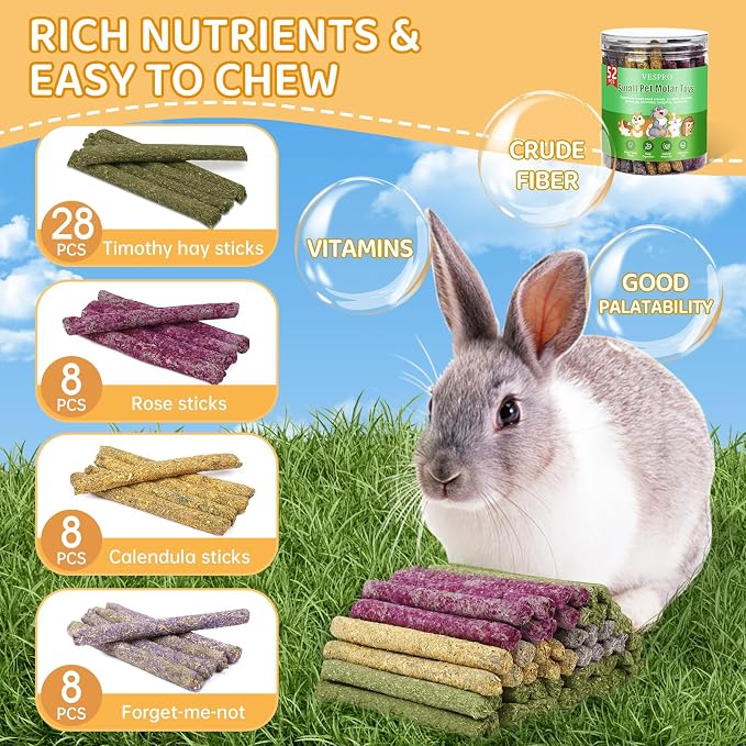 52Pcs Rabbit Chew Sticks, Guinea Pig Toys, Natural Timothy Teeth Stick