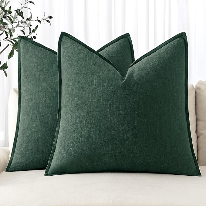 MIULEE Decorative Linen Euro Sham Pillow Covers 24x24 Dark Green | Boho Farmhouse Christmas Couch Throw Pillows for Bed, Pack of 2 Accent Modern Pillowcases, Sofa Livingroom Home Decor